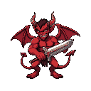 a muscular red demon with wings tail and horns, holding a large sword and yellow eyes