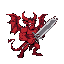 a muscular red demon with wings tail and horns, holding a large sword