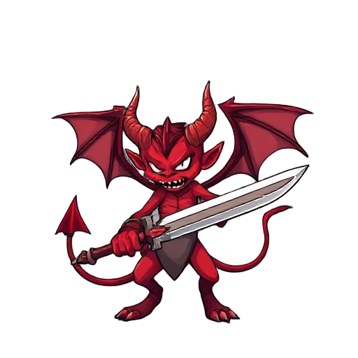 a red demon with a big sword, tail, wings and horns