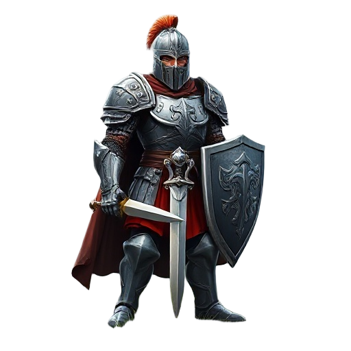 a fantasy knight character — full body, heroic pose, wearing detailed plate armor with ornate engravings, a sword and shield at his side, medieval fantasy style, standing on a grassy battlefield with a misty background, realistic proportions, dramatic lig