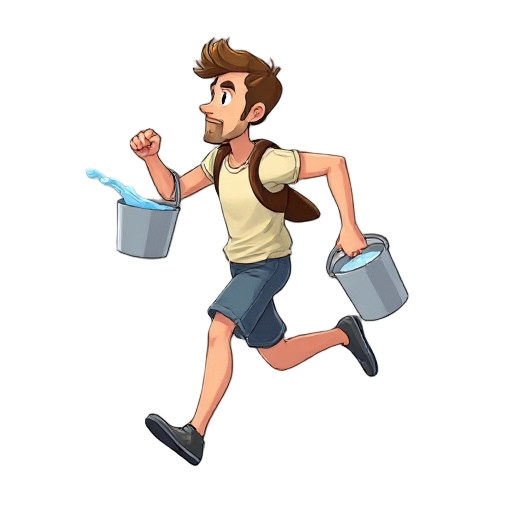 a side angle view of a man running with a bucket in hand. the bucket is full of water.