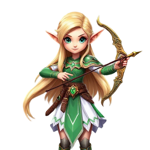 beautiful female elf archer, long blonde hair, elegant green armor, white skirt, ornate bow, luxurious fantasy decorations, full body, front view, fantasy rpg style, vibrant colors, soft lighting, hig