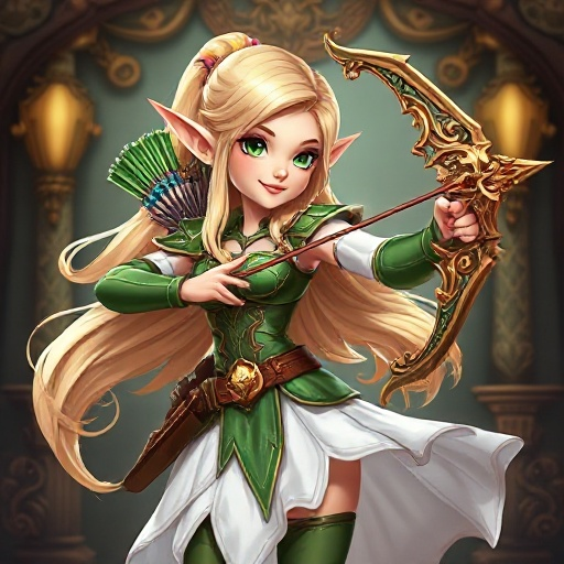 beautiful female elf archer, long blonde hair, elegant green armor, white skirt, ornate bow, luxurious fantasy decorations,