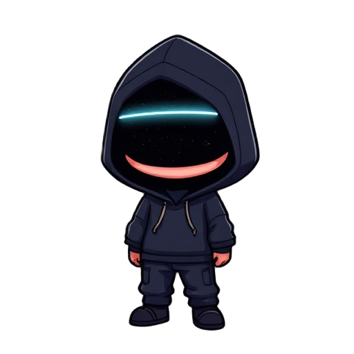 a small humanoid figure wearing a dark hoodie and pants, with a featureless face that appears as a starry void or galaxy, marked by a glowing horizontal light band (like a visor). the overall aestheti