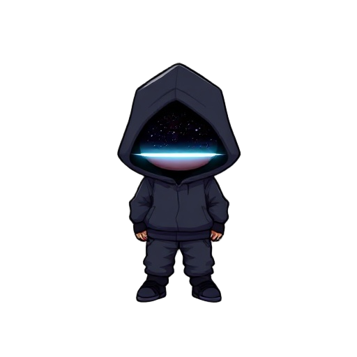 a small humanoid figure wearing a dark hoodie and pants, with a featureless face that appears as a starry void or galaxy, marked by a glowing horizontal light band (like a visor). the overall aestheti