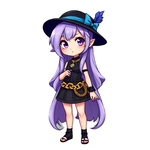 lilac long layered hair, purple highlight hair, black hat with blue ribbon, gold chain belt hat feather, snake, purple nails, earrings, gloves, parted lips, bracelet, single glove, necklace, 