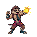 a sloth wrestler wearing an 80s wrestling outfit throwing a punch, in the style of a 90s arcade fighting game, with a special effect.