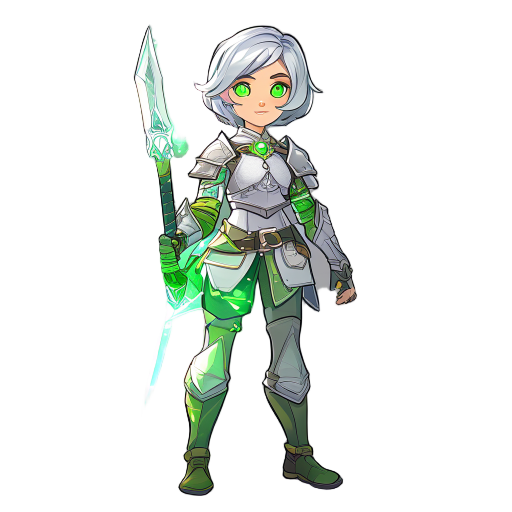 a detailed 2d character design of a young fantasy adventurer. the character is a teenage girl with short silver hair, bright green eyes, and light armor with a magical aura. she carries a glowing swor