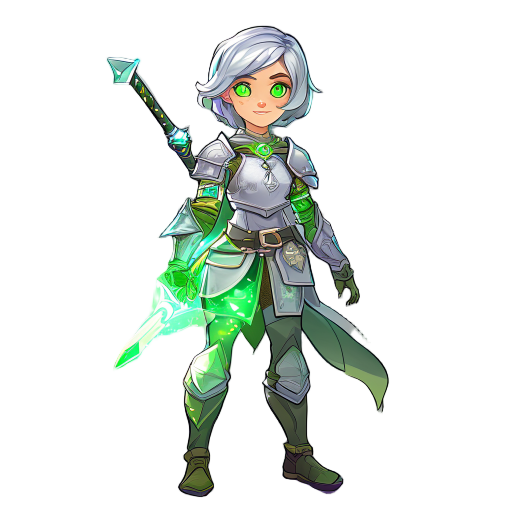 a detailed 2d character design of a young fantasy adventurer. the character is a teenage girl with short silver hair, bright green eyes, and light armor with a magical aura. she carries a glowing swor