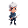 personagem principal: jovem com casaco azul escuro, cabelo branco, espada curta