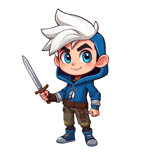 personagem principal: jovem com casaco azul escuro, cabelo branco, espada curta