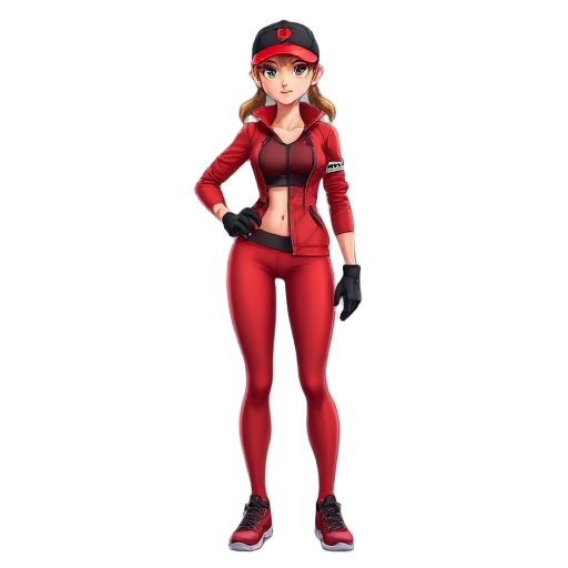 photograph, female, athletic build, wearing red sports outfit, red jacket, tight red leggings, black sports bra, black gloves, black hat, red visor, confident pose,