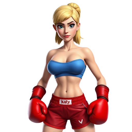photo-realistic, hyper-realistic, cgi, busty blonde woman, sweating, wearing red boxing gloves, red boxing shorts with "katy" logo, blue sports bra pulled up, 