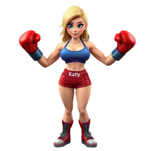 hyper-realistic, cgi, busty blonde woman, sweating, wearing red boxing gloves, red boxing shorts with "katy" logo, blue sports bra pulled up, muscular physique, give a punch, boxing shoes,