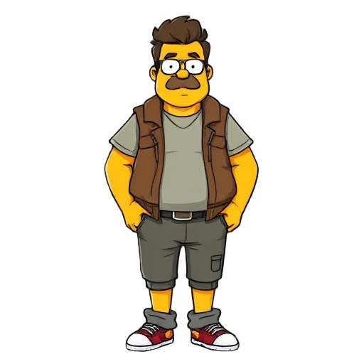 i would like you to make a typical nerdy cartoon character, the stereotypical fat nerds, like the guy from the simpsons comic book magazine, he will suffer a plane crash and end up on an island and look for civilization, i ask that the clothes be accordin