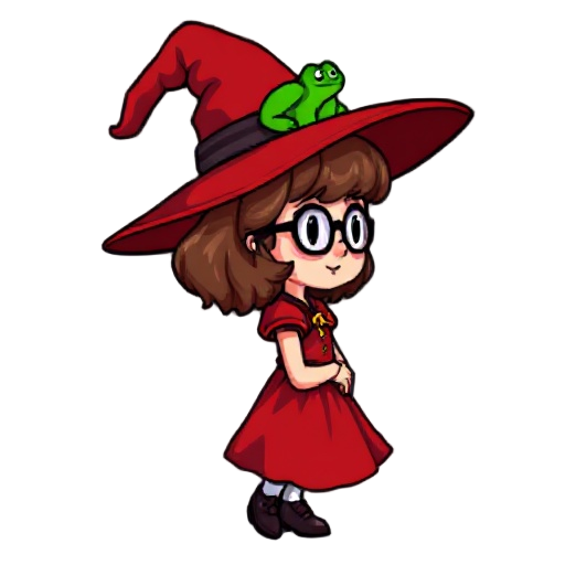 create a nes-style 8-bit sprite of a young female witch character in a 3/4 or side view, facing right. she has short, wavy brown hair, glasses, and light skin. she wears a large red witch hat with a small green frog sitting inside the top — the frog is pa