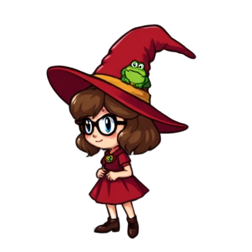 create a nes-style 8-bit sprite of a young female witch character in a 3/4 or side view, facing right. she has short, wavy brown hair, glasses, and light skin. she wears a large red witch hat with a small green frog sitting inside the top — the frog is pa