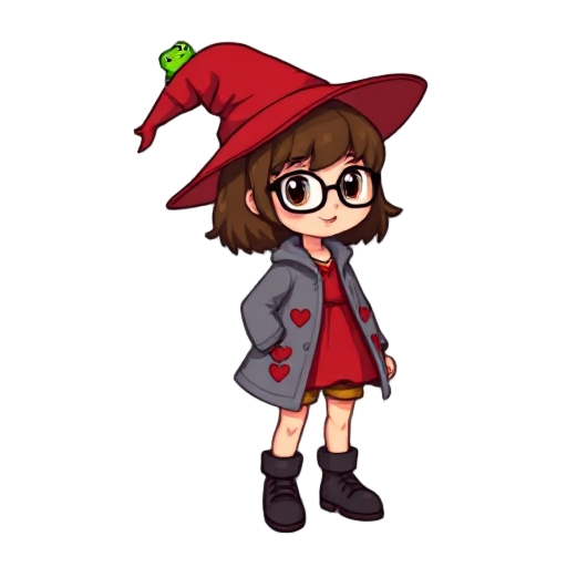 8-bit nes sprite of a young witch girl with short brown hair, glasses, red witch hat with a small green frog on top. she wears a red dress, gray coat with red heart patches, brown shorts, gray boots. 3/4 view, 32x48 px, nes palette, flat shading.