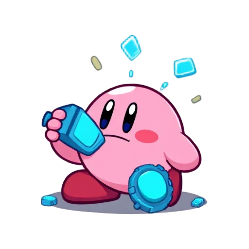 pixelated kirby eating blue technology items