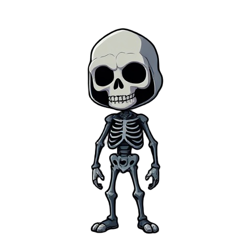 personagem caveira com rosto cartunesco sem olhos