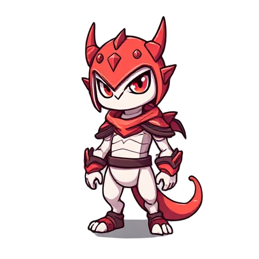 um personagem estilo do jogo undertale, ele usa uma lança dracônica, um capacete com vermelho e roxo com 3 chifres, uma armadura vermelha e roxa, com uma capa roxa atrás, sua pele é branca e pálida