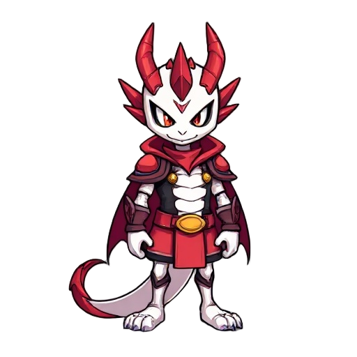 um personagem estilo do jogo undertale, ele usa uma lança dracônica, um capacete com vermelho e roxo com 3 chifres, uma armadura vermelha e roxa, com uma capa roxa atrás, sua pele é branca e pálida