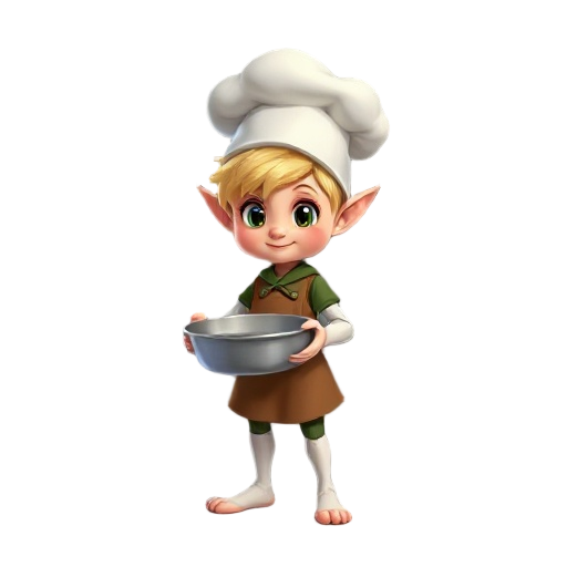 a blonde child elf with a chef hat holding a pan