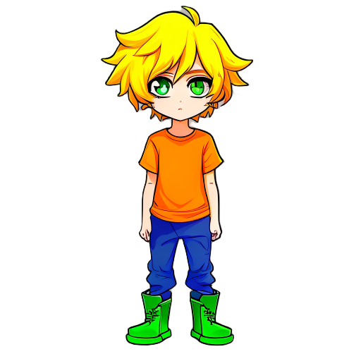 create a character with hair yellow, eyes style anime, t-shirt orange, pants blue, boot green.