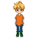 create a character with hair yellow, eyes style anime, t-shirt orange, pants blue, boot green.