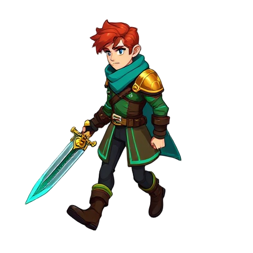 2d side-view sprite of male hero, bastion/transistor style, reddish-brown hair, teal scarf, green-brown coat with glowing teal lines, golden pauldron, dark pants, boots, futuristic sword, painterly, walking cycle, 8 frames, transparent background