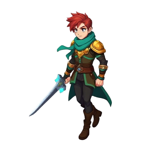 2d side-view sprite of male hero, bastion/transistor style, reddish-brown hair, teal scarf, green-brown coat with glowing teal lines, golden pauldron, dark pants, boots, futuristic sword, painterly, walking cycle, 8 frames, transparent background