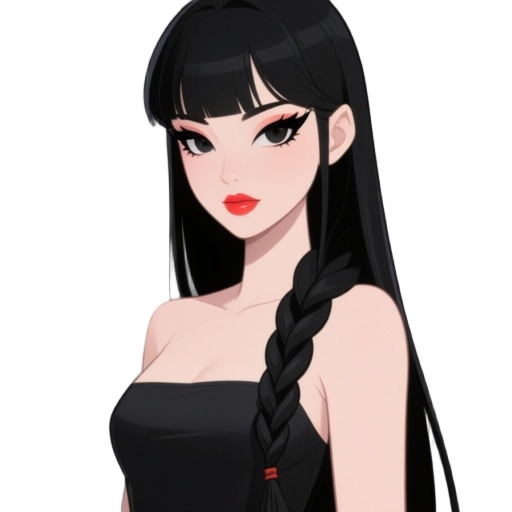 a young woman with a striking,sophisticated appearance,light skin,defined features,and dramatic makeup;hair:long, straight,deep black,side-parted and draped over one shoulder in a braid;eyes:dark,with prominent,thick,extended black cat-eye eyeliner;lips:r