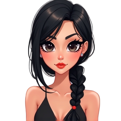 a young woman with a striking,sophisticated appearance,light skin,defined features,and dramatic makeup;hair:long, straight,deep black,side-parted and draped over one shoulder in a braid;eyes:dark,with prominent,thick,extended black cat-eye eyeliner;lips:r