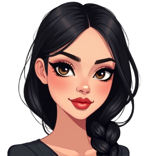 a young woman with a striking,sophisticated appearance,light skin,defined features,and dramatic makeup;hair:long, straight,deep black,side-parted and draped over one shoulder in a braid;eyes:dark,with prominent,thick,extended black cat-eye eyeliner;lips:r