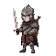 a knight with a helmet and armour with an sword in hands, he has some tissue in his suit, like a assassin and he has a backpack like a tiny travaller