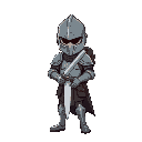 a knight with a helmet and armour with an sword in hands, he has some tissue in his suit, like a assassin and he has a backpack like a tiny travaller
