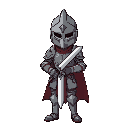 a knight with a helmet and armour with an sword in hands, he has some tissue suit, like a assassin
