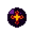 pixel art style, a dark magical orb with a glowing fiery-orange cross in the center. the orb has deep purple and black hues, with subtle highlights creating a mystical aura. the background is a dark