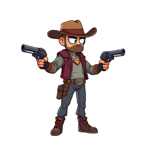 a retrowave gunsliger with two pistols and a hat, side perspective
