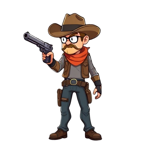 a retrowave gunsliger with two pistols and a cowboy hat, side perspective