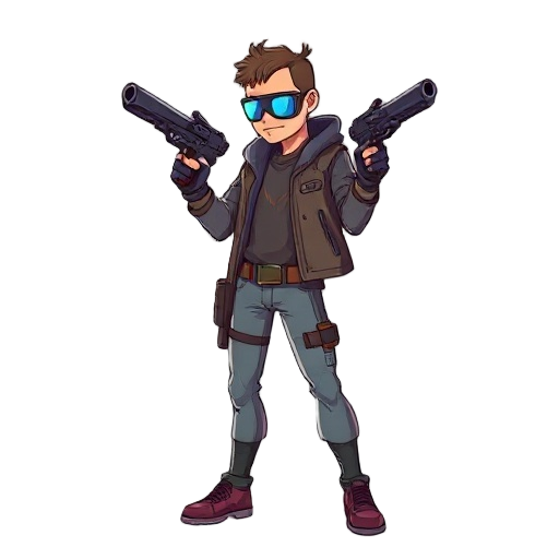 a retrowave gunsliger with two pistols, side perspective
