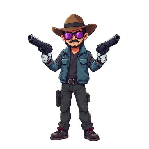 a retrowave gunsliger with two pistols, a hat and a retrowave sunglasses