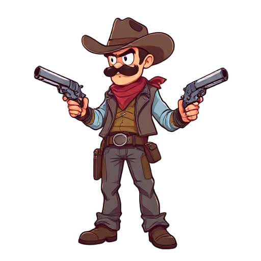 a retrowave cowboy with two pistols, side perspective