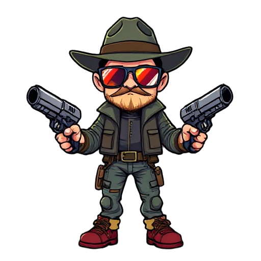 a retrowave gunsliger with two pistols, a hat and a retrowave sunglasses