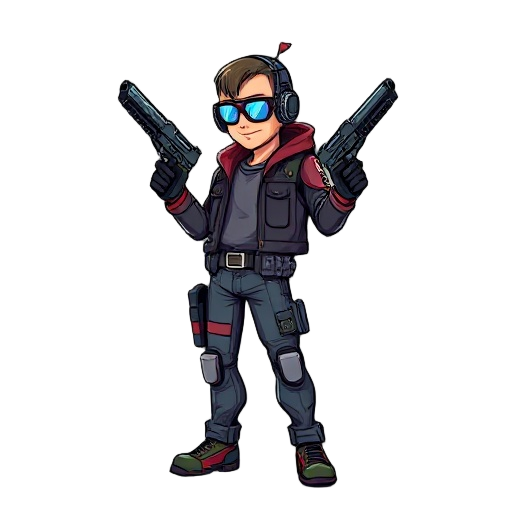 a retrowave gunsliger with two pistols, side perspective