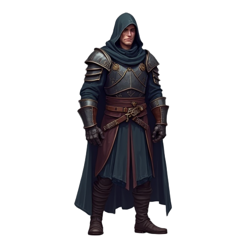 medieval assassin rpg style, male, idle position, dark armor, unarmed.