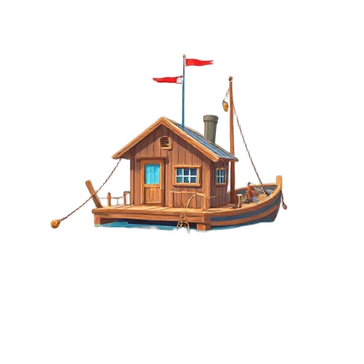 peir, sunny day, clean water, bright cloudy sky, harbor, wooden fishing house, wooden berth, bright colors