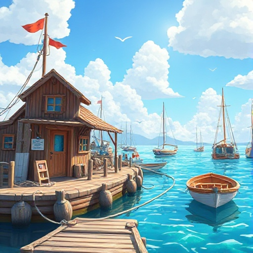 peir, sunny day, clean water, bright cloudy sky, harbor, wooden fishing house, wooden berth, bright colors