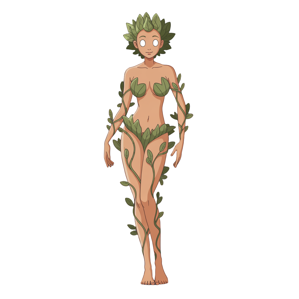 just the character in the image. woman with a very slender body, using leaves and plants as clothing, bright white eyes, no pulp, no feet, thin legs, large bust