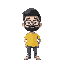 small character, with a yellow, white and light blue t-shirt. cartoonish, with beard, glasses and black hair. slightly big-headed.